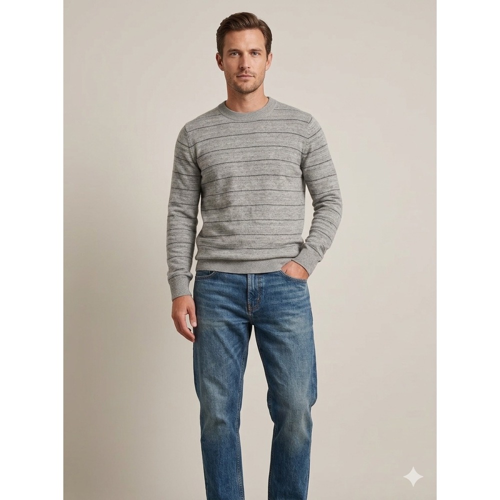 Precedent Los Angeles Mens Gray Striped Cashmere Blend Crewneck Sweater Large